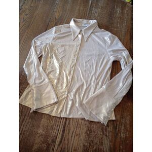 Large Kiwi Gold Button Front Long Sleeve Shirt Top Blouse Collar Metallic Bling